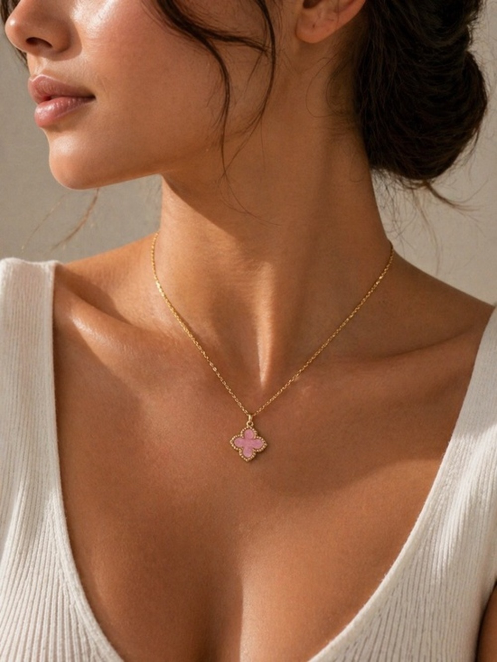 Clover Pendant Necklace with Pink Enamel